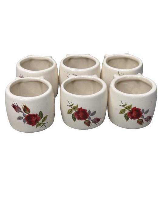 Estate Other - Set Of 6 Ceramic Red Rose Napkin Rings Handcrafted Signed 1974 Floral Vintage